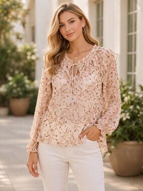 NWOT LOFT Cream and Pink Ruffled Long Sleeve Blouse